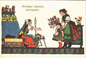 Szívélyes üdvözlet névnapjára! Magyar folklór művészlap / Hungarian folklore art postcard with Name Day greeting s: Szilágyi G. Ilona