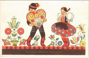 Szívélyes üdvözlet névnapjára! Magyar folklór művészlap / Hungarian folklore art postcard with Name Day greeting s: Csikós Tóth
