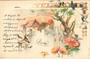 1900 Art Nouveau, litho greeting card with flowers