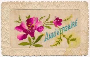 Anniversaire / Romantic greeting art postcard with silk embroidery (ázott / wet damage)