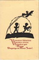 1932 Mancher schreitet, mancher reitet, mancher gar fliegt vergnügt ins Neue Jahr! / New Year greeting silhouette art postcard (EK)