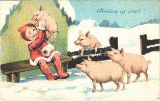 1934 Boldog Újévet! / New Year greeting art postcard with pigs (EK)
