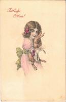 1911 Fröhliche Ostern! / Easter greeting art postcard, girl with rabbit (EK)