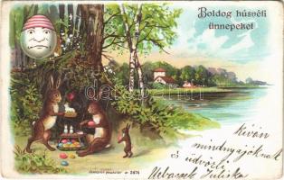 1901 Boldog húsvéti ünnepeket / Easter greeting art postcard, rabbit family with egg. litho (kopott sarkak / worn corners)