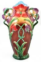 Szecessziós stílusú virágos fajansz váza, kisebb repedésekkel, m: 37,5 cm