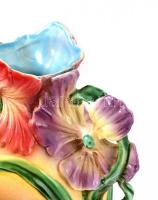 Szecessziós stílusú virágos fajansz váza, kisebb repedésekkel, m: 37,5 cm