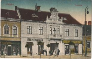 Galgóc, Hlohovec; városháza, gyógyszertár, üzletek. Vasúti levelezőlapárusítás 7. 1918. / town hall, pharmacy, shops (EK)