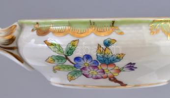 Herendi Viktória mintás porcelán füles, fedeles tartó, kézzel festett, jelzett, kopásnyomokkal, apró...