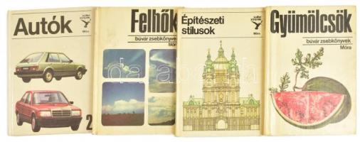 Búvár Zsebkönyvek könyvtétel, 4 db. Bp.,1978, 1986, Móra. Gyümölcsök, Építészeti stílusok, Felhők, Autók. Kiadói kartonált papírkötés.