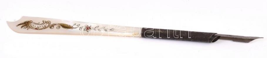 Schuller József Budapest feliratú antik toll, fém heggyel, gyöngyházas, virágmintás nyéllel, 16 cm