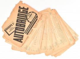 cca 1940 Autobridge játékhoz való pótlapok, F, H, I, J, K sorozatok, 4 lap híján teljes, híres bridzsjátékok izgalmas partijaival, francia nyelven, helyenként szakadozott lapokkal