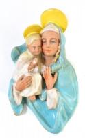 Art deco kerámia fali dísz Madonna a kis Jézussal. Jelzés nélkül, töredékes címkével. Mázas kerámia, kopásokkal. 32x18 cm