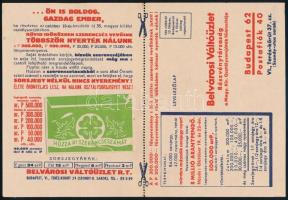 ~1935 A Belvárosi Váltóüzlet Részvénytársaság reklámja és sorsjegy megrendelőlapja, a szerencseszámot rejtő kis borítékkal