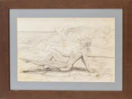 Jurászik jelzéssel: Női akt a vízparton. Ceruza, papír, foltos. Üvegezett fa keretben. 28,5x40 cm