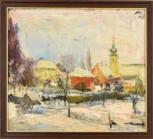 Vilhelm (Wilhelm) Károly (1943-2011): Falu télen. Olaj, farost, jelzett. Hátoldalán Kortárs Képzőműv...