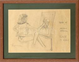 Olvashatatlan jelzéssel: Rajzoló nő. Ceruza, papír. Üvegezett fa keretben. 30×42 cm