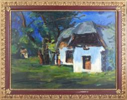 Ridovics Péter (1953-): Cáki pincék. Olaj, farost, jelzett. Hátoldalán Képcsarnok Vállalat címkéjéve...