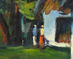 Ridovics Péter (1953-): Cáki pincék. Olaj, farost, jelzett. Hátoldalán Képcsarnok Vállalat címkéjéve...