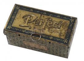 Régi Perfect nyomdakészlet, kő betűkkel, kopottas rozsdafoltos fémdobozban, 12,5x6x5 cm  + 3 db aláí...