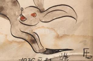 FL (?) monogram jelzéssel: Katonák, 1936 (karikatúra). Akvarell, tus, papír. Üvegezett fa keretben. ...