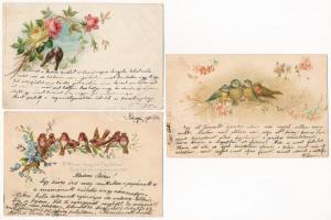 3 db RÉGI hosszú címzéses üdvözlő képeslap madarakkal, vegyes minőség / 3 pre-1900 greeting motive postcards with birds, mixed quality