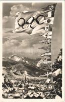 1936 Garmisch-Partenkirchen, IV. Olympischen Winterspiele. Zugspitzgruppe / 1936 Winter Olympics in Garmisch-Partenkrichen, Flag of Nazi Germany with swastika + So. Stpl.