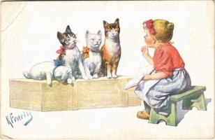 1916 Macskák kislánnyal / Cats with little girl. B.K.W.I. 191-1. s: K. Feiertag (EB)