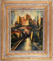 Jelzés nélkül, feltehetően 1920-40 körül működött festő alkotása: Mediterrán utcarészlet. Olaj, kart...