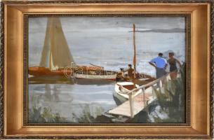 Csáki-Maronyák József (1910-2002): Csónakoknál (Balaton). Olaj, vászon. Jelzett. Hátoldalán autográf...