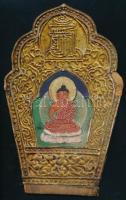 Buddhista miniatűr kézzel festve, dombornyomott bőr kerettel. XX. sz. eleje. Jelzett. sérült 18x11 cm
