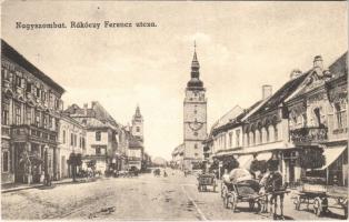 Nagyszombat, Tyrnau, Trnava; Rákóczi Ferenc utca, lovaskocsik, torony / street, horse carts, tower