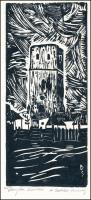 Domján Sándor: Csonka torony. Fametszet, papír. Jelzett. 23x11 cm