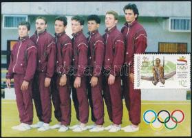 1992 A barcelonai nyári olimpián magyar férfi tornászcsapat tagjainak aláírása képeslapon