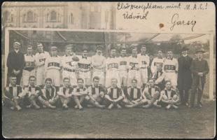 cca 1910 MAC (Magyar Atlétikai Club) focicsapatának fényképe, fotólap, foltos, 9×14 cm