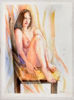 Palásti Renáta (1978-): Női akt. Akvarell, papír, jelzett, farostra kasírozva. 72×53 cm
