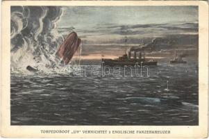 Torpedoboot U9 vernichtet 3 Englische Panzerkreuzer / WWI Imperial German Navy (Kaiserliche Marine) art postcard, U-9 submarine sinks 3 English armored cruisers. Verlag F.H. & S. W. IX. Nr. H. 21. (EK)