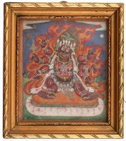 Tibeti miniatűr szentkép hátoldalán jelzett, üvegezett keretben. 11x13 cm