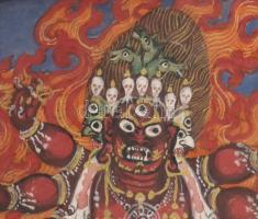 Tibeti miniatűr szentkép hátoldalán jelzett, üvegezett keretben. 11x13 cm