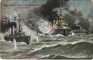 1915 SMS Zenta osztrák-magyar tengeri hajó ütközete a francia tengerészekkel. Osztrák-magyar tengerészek hőstettei! / WWI Austro-Hungarian Navy art postcard, K.u.K. Kriegsmarine, SMS Zenta armored cruiser, naval flag. L&P 1713. s: Arthur Thiele (kopott sarkak / worn corners)