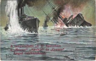 SM Unterseeboot U 9 im Kampfe mit den englischen Kreuzern Hogue, Aboukir u. Cressy / A tengeralatti U9 harcban a Hogue, Abukir és Cressy angol cirkálókkal / WWI Imperial German Navy (Kaiserliche Marine) art postcard, U-9 submarine sinks 3 English armored cruisers. L&P 1712. s: Arthur Thiele (kopott sarkak / worn corners)