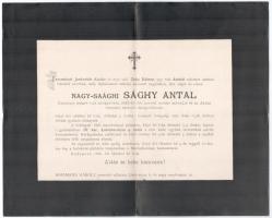 1886 nagysági Sághy Antal (1820-1886) Komárom megye volt szolgabírájának, 1848-49. évi honvéd huszár százados és az Adriai Biztosító Társulat felügyelőjének gyászjelentése, hajtott.