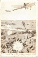 Ein österreichischer Flieger wirft Bomben auf einen russischen Train und richtet große Verwirrung an (23. August 1914) / WWI Austro-Hungarian K.u.K. military art postcard (kopott sarkak / worn corners)