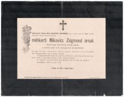 1892 méhkerti Milkovics Zsigmond (1805-1892) Komárom megye törvényhatósági bizottsági tagjának, a gesztesi járás volt országgyűlési képviselőjének gyászjelentése, hajtott, kis szakadással.