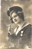 1913 K.u.K. Kriegsmarine / lady in Austro-Hungarian Navy mariner uniform, smoking (fl)