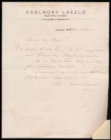 1887 Cholnoky László (1835-1901) ügyvéd, Cholnoky Jenő (1870-1950) földrajztudós édesapjának saját kézzel írt levele egy barátjának, saját fejléces papírján, borítékkal.