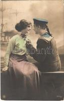 Austro-Hungarian Navy, K.u.K. Kriegsmarine, mariner with lady, romantic couple, battleship (EB)