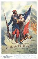 1914 La France accueille la Belgique / WWI French and Belgian military art postcard, German occupation of Belgium