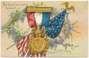 The flag of our country forever! Sons of Veterans. American military, patriotic propaganda with flags and coat of arms. Raphael Tuck & Sons Decoration Day Postcards Art Nouveau, floral, Emb. litho (EK)