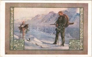 Sieg oder Tod im Alpenrot! K. K. Landesschützenregiment Trient Nr. 1. Offizielle Kriegskarte / WWI Austro-Hungarian K.u.K. military art postcard, mountain troops, soldiers grave (EK)