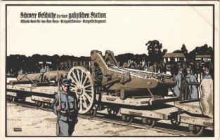 Schwere Geschütze in einer galizischen Station. Offizielle Karte für Rote Kreuz, Kriegshilfsbüro, Kriegsfürsorgeamt / WWI Austro-Hungarian K.u.K. military art postcard, heavy artillery at a railway station in Galicia. litho s: Otto Barth